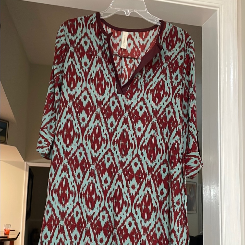 Red and Blue Graphic Blouse with Mandarin Collar